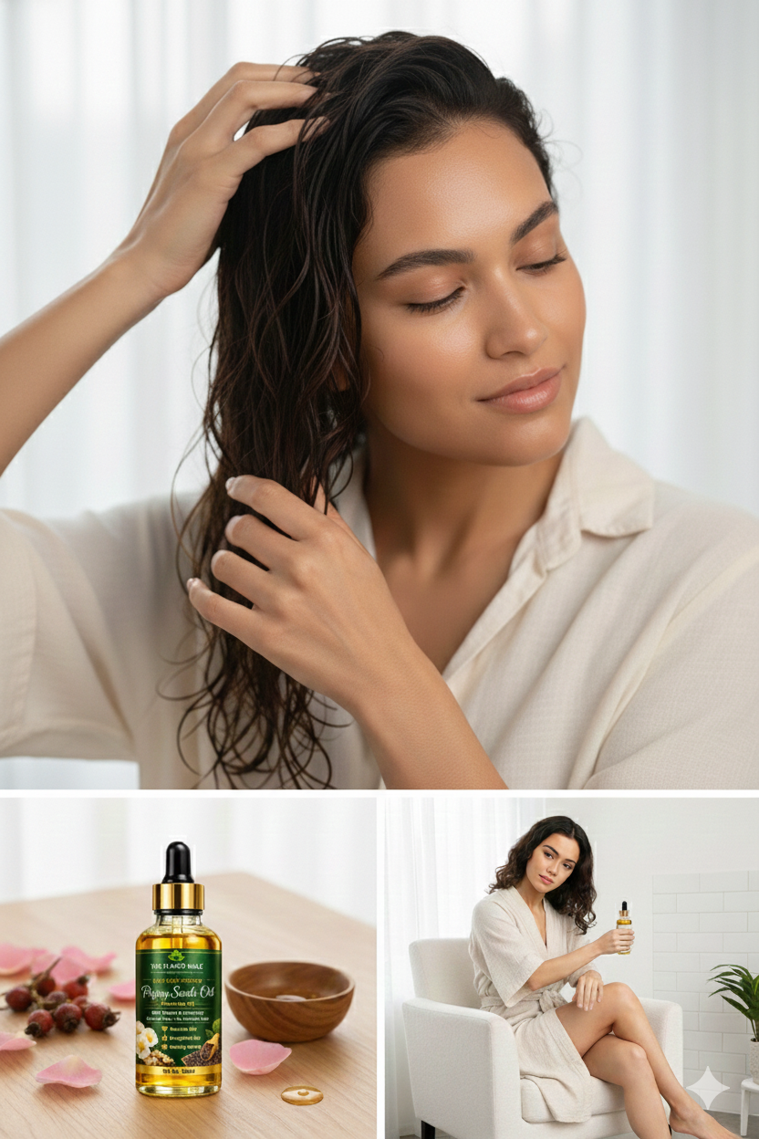 Applying pure virgin poppy seed oil to hair strands – natural hair conditioner for shine and strength