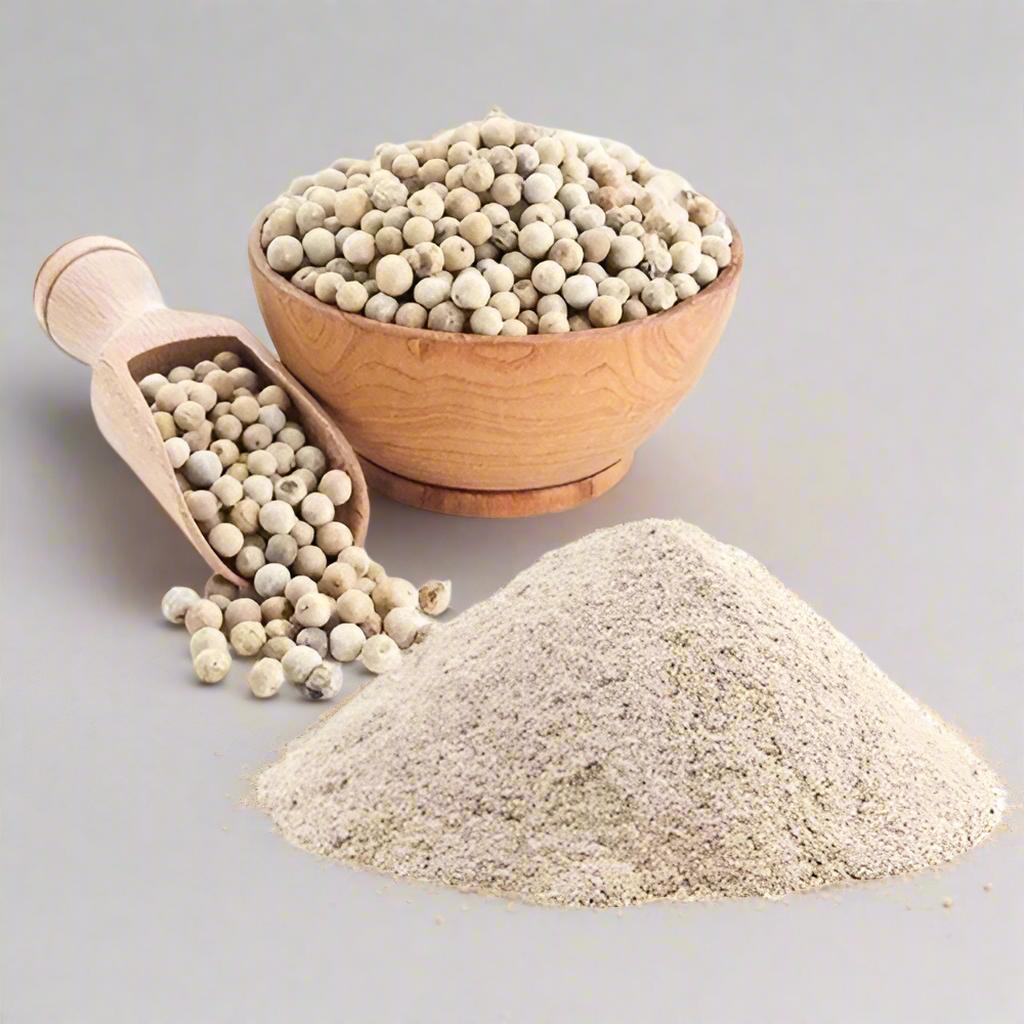 Premium white pepper powder in transparent stand up pouch