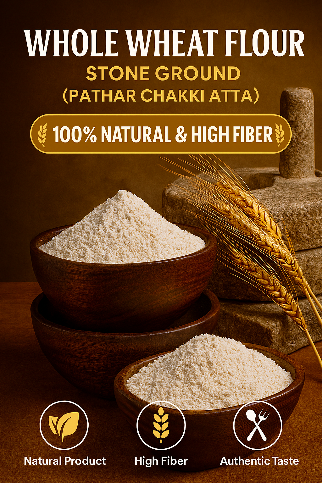 Freshly ground Whole Wheat Flour (Phattar Chakki Atta) for healthy daily cooking. 100% Natural & High Fiber
