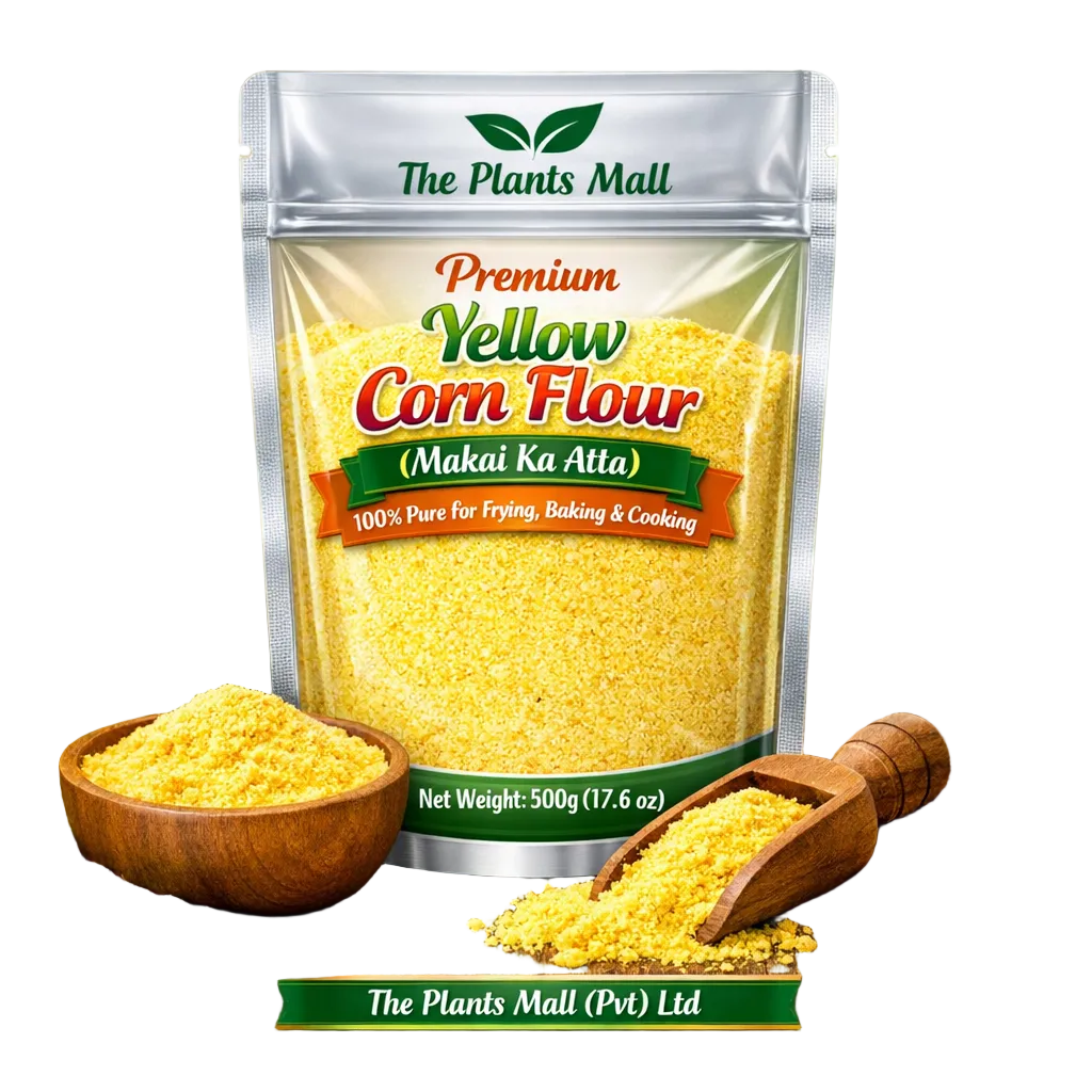 Premium Yellow Corn Flour (Makai Ka Atta) – 100% pure in eco-friendly pouch by The Plants Mall Pakistan. 100% Pure Premium Yellow Corn Flour (Makai Ka Atta) – Stone-Ground, Ideal for Baking, Frying, and Cooking
