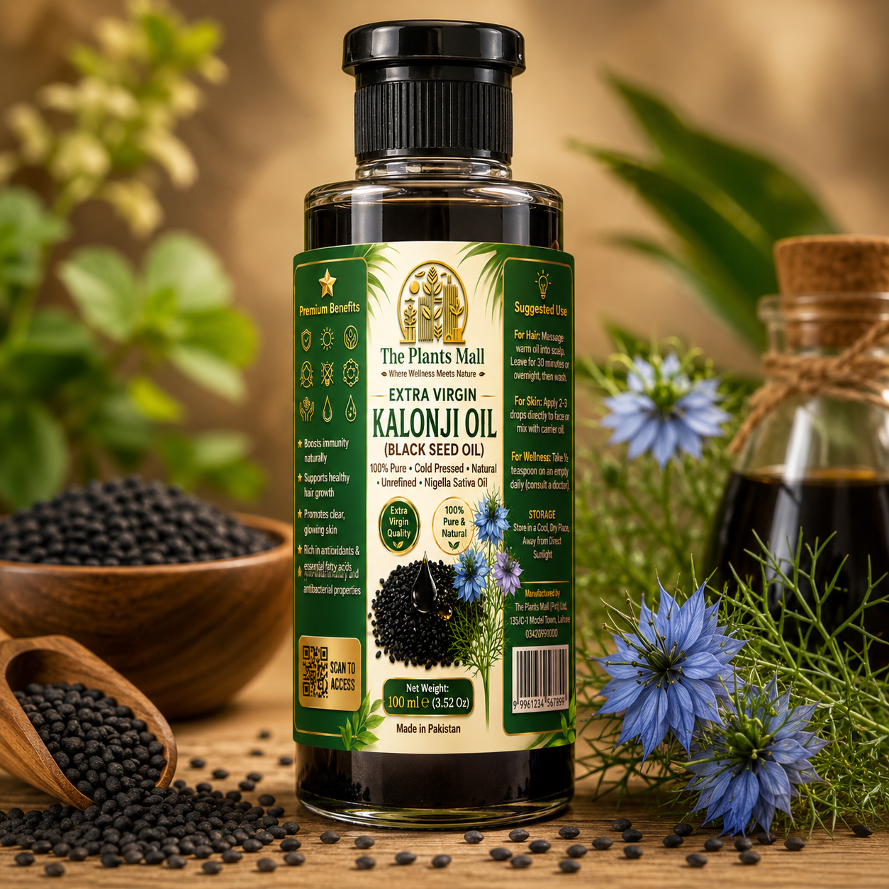Extra Virgin Kalonji Oil (Black Seed Oil) – 100% Pure Cold Pressed Nigella Sativa Oil | Immunity, Hair & Skin Care