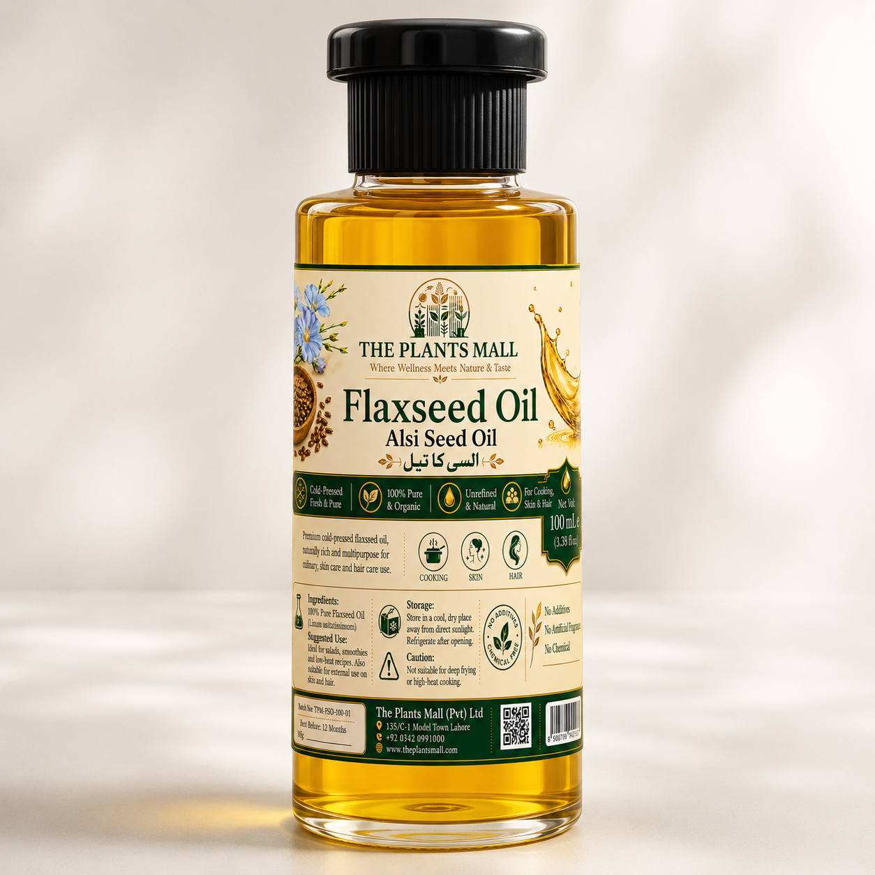 Flaxseed oil applied to hair and scalp, natural cold pressed oil for hair growth, shine and scalp nourishment