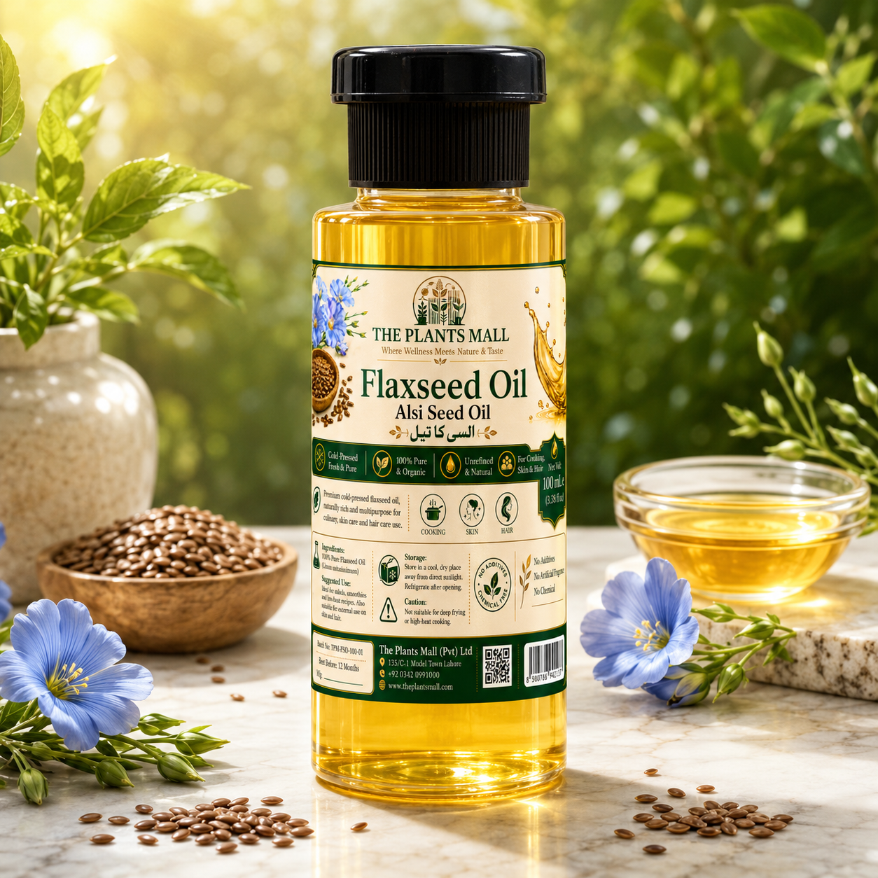 Cold pressed flaxseed oil for salads, smoothies, hair care, skin care and wellness routine in Pakistan